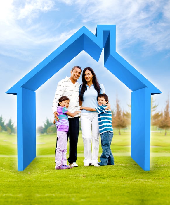 Family buying a house - 3D illustration a green field